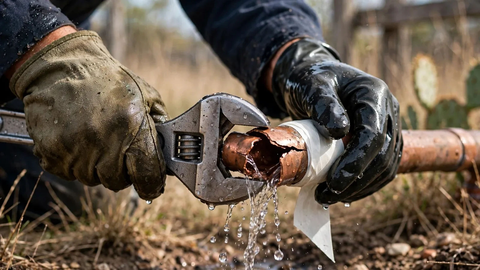 Gloved hands clamping a wrench and wrap over a split copper pipe that is spraying water