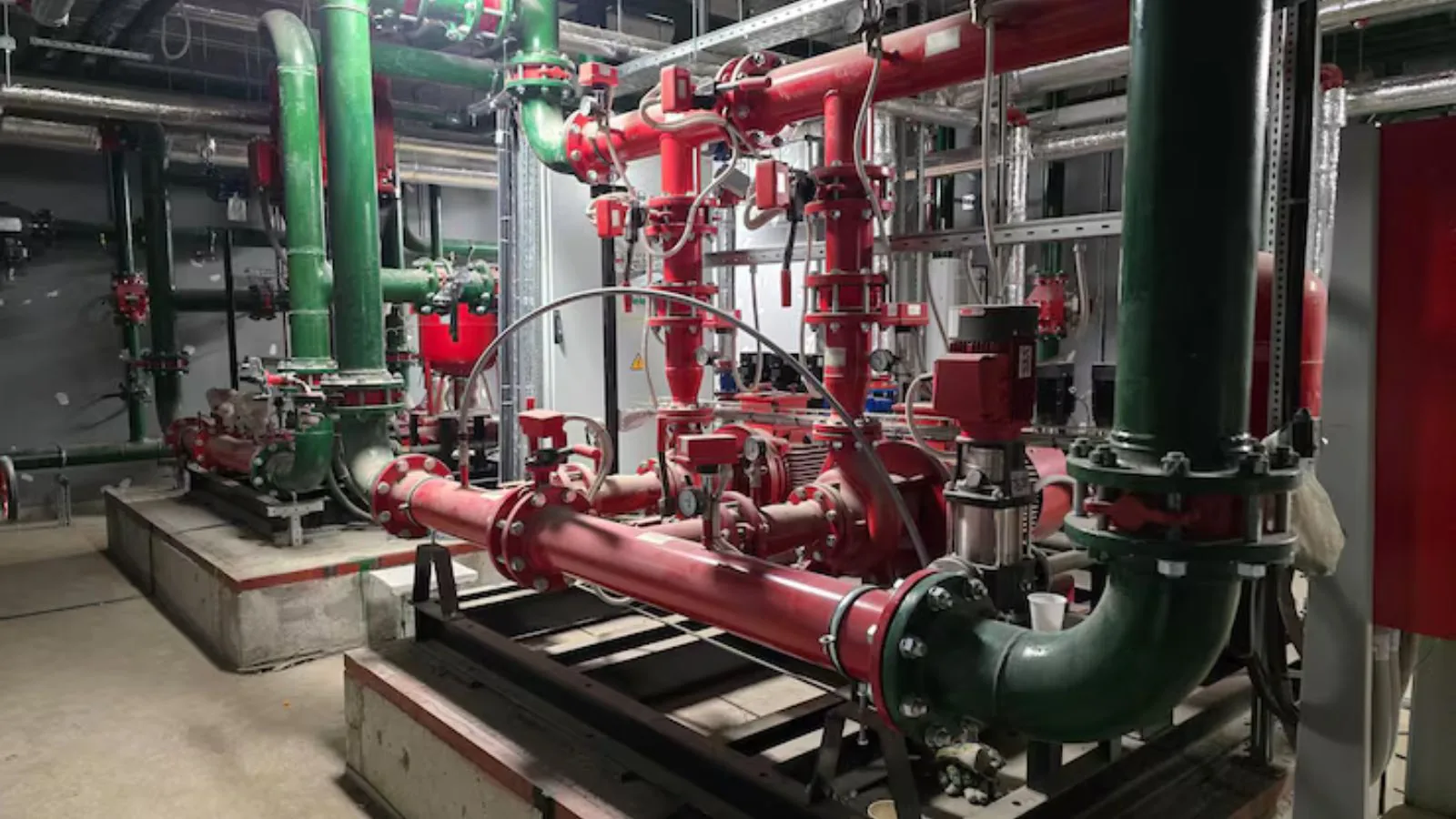 Commercial mechanical room with large red and green piping, valves and pumps on concrete bases