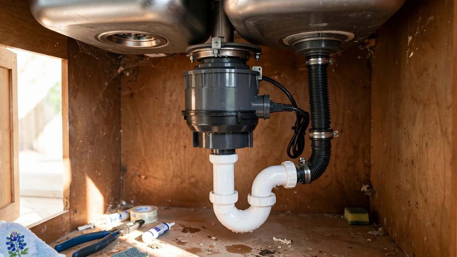 Garbage disposal mounted under a kitchen sink with a white drain trap and plumbing tools in the cabinet