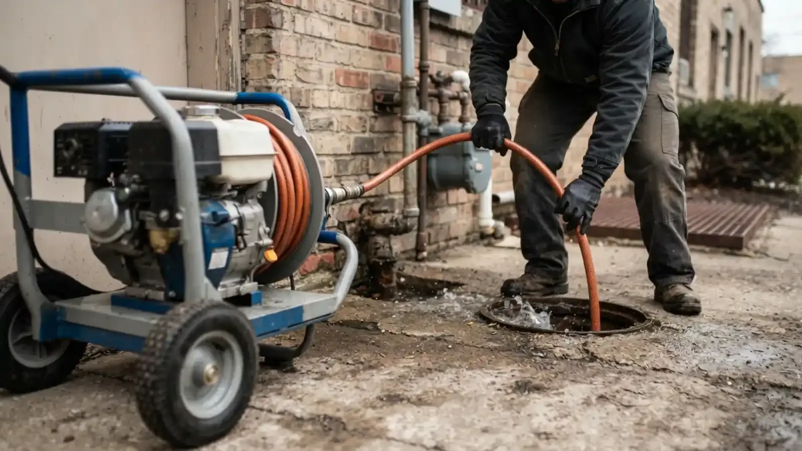 Plumber guiding a hydro jetting hose from a wheeled jetter into a cleanout beside a brick home