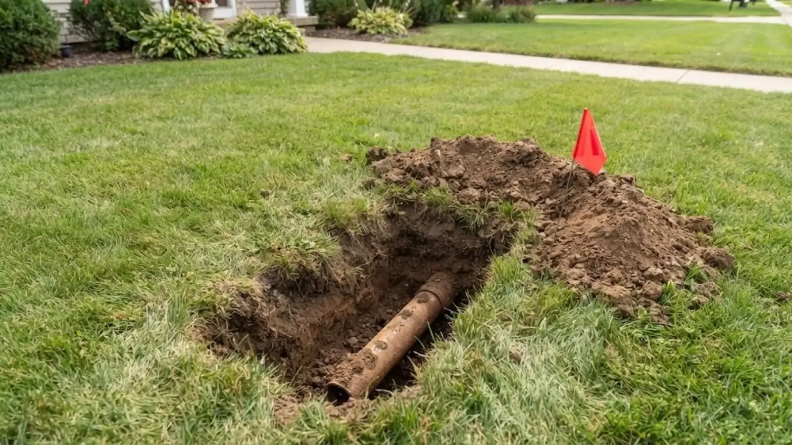 Open excavation across a front lawn exposing an old sewer pipe, with an orange marker flag beside it