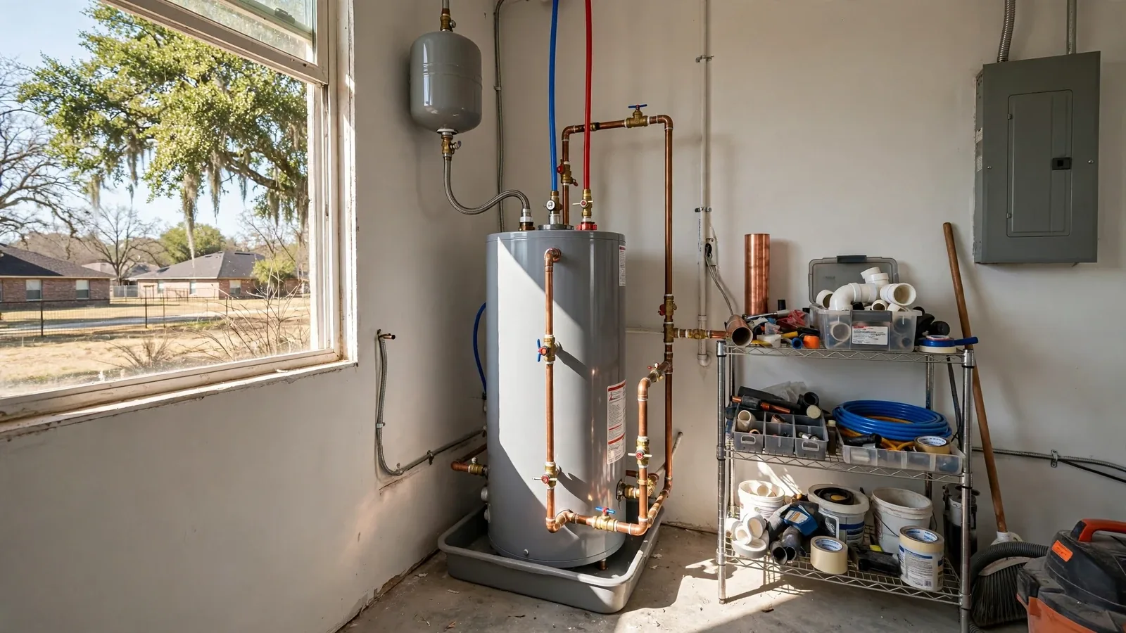 Newly set tank water heater in a bright utility room with copper supply lines, expansion tank and a drain pan