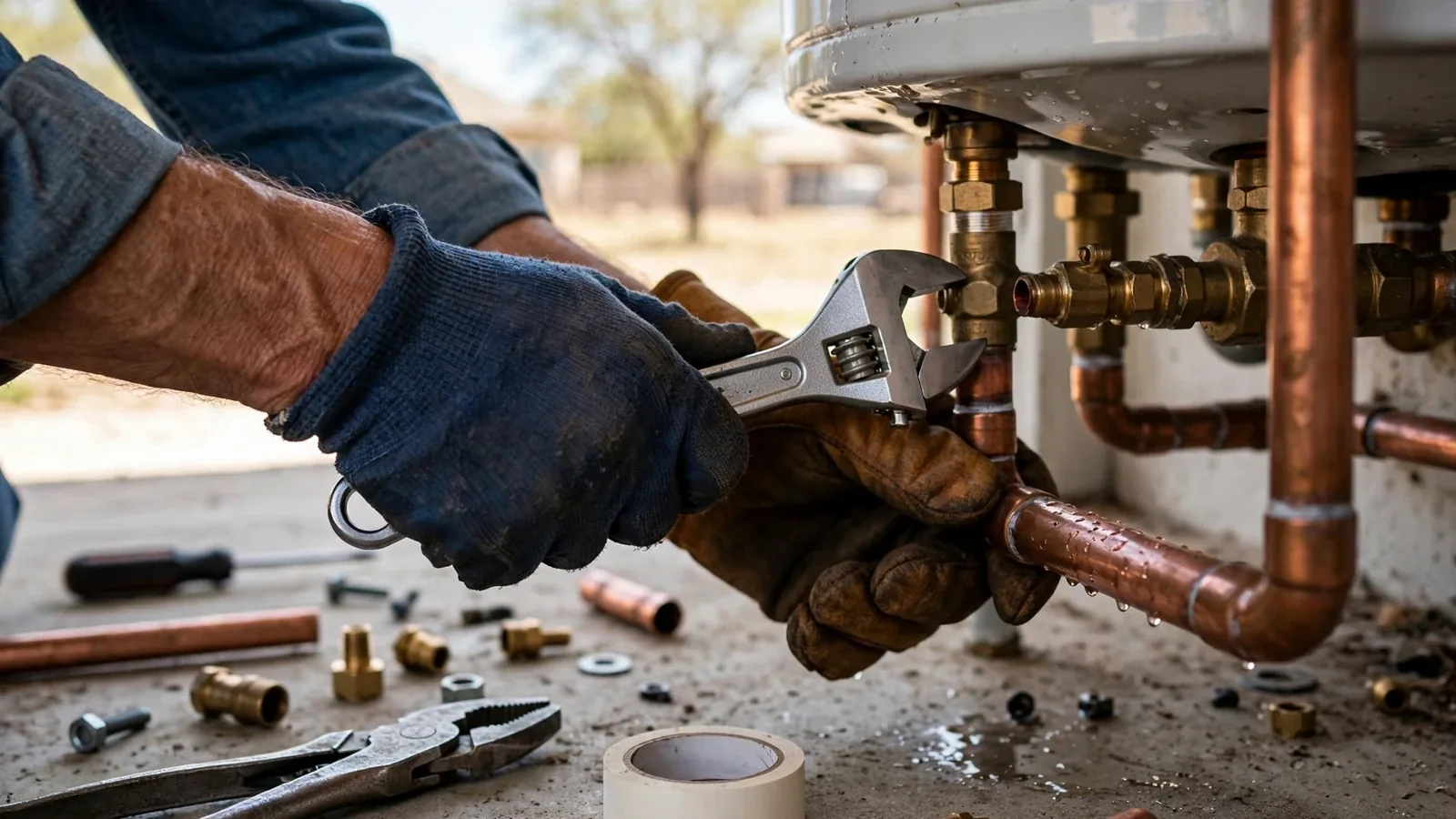 Gloved hands tightening a copper fitting with an adjustable wrench beneath a water heater, with tools and fittings on the floor