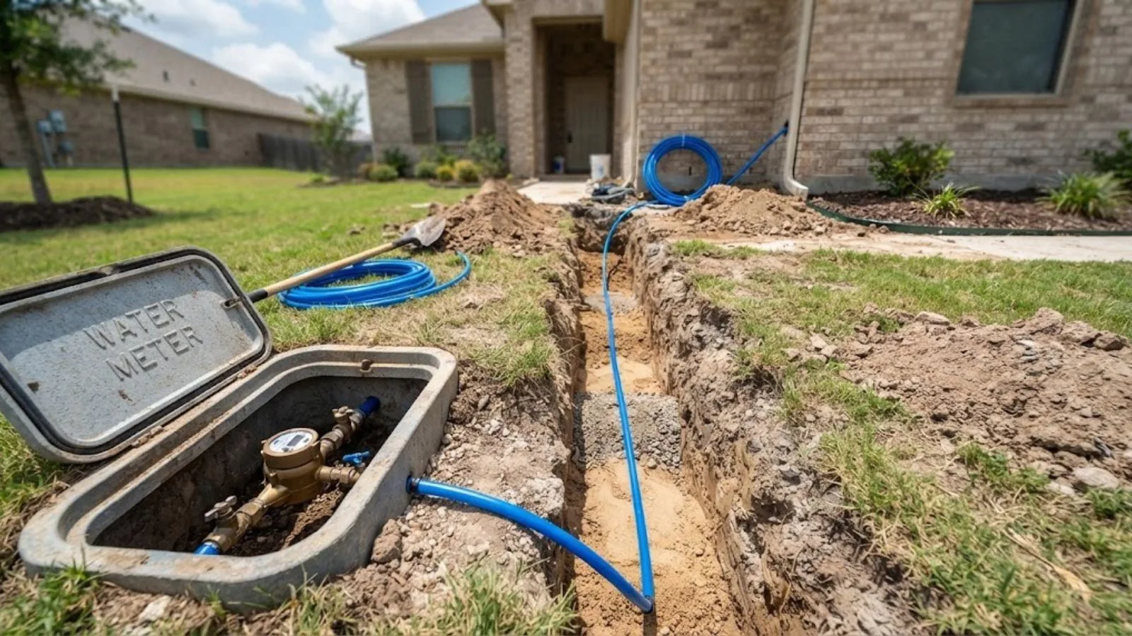Open trench from a water meter box to a brick home with blue service line pipe laid along the lawn